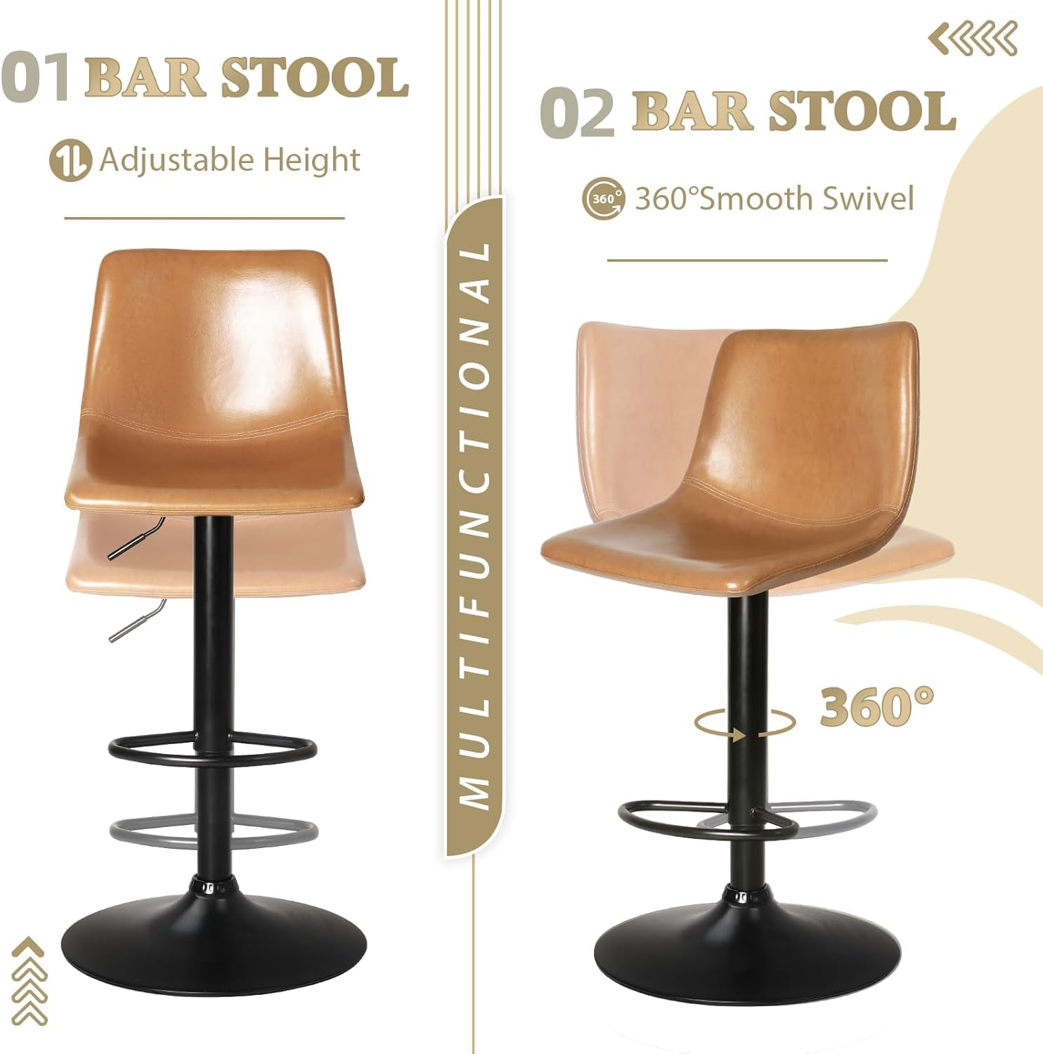 Garvee Juego de 4 Taburetes de Bar Giratorios de Hierro y PU, Altura Ajustable 61-81cm, Marrón, Respaldo Alto Reposapiés Metal para Cocina Isla y Barra