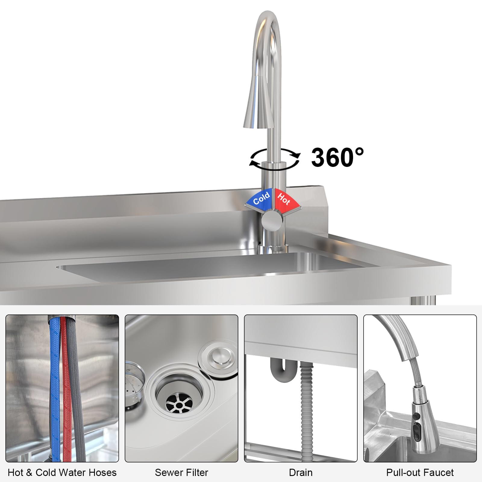 Garvee Lavadero Utility Acero Inoxidable 120x51x92cm Diseño Tazón Regadera Grifo Extraíble Cocina Jardín