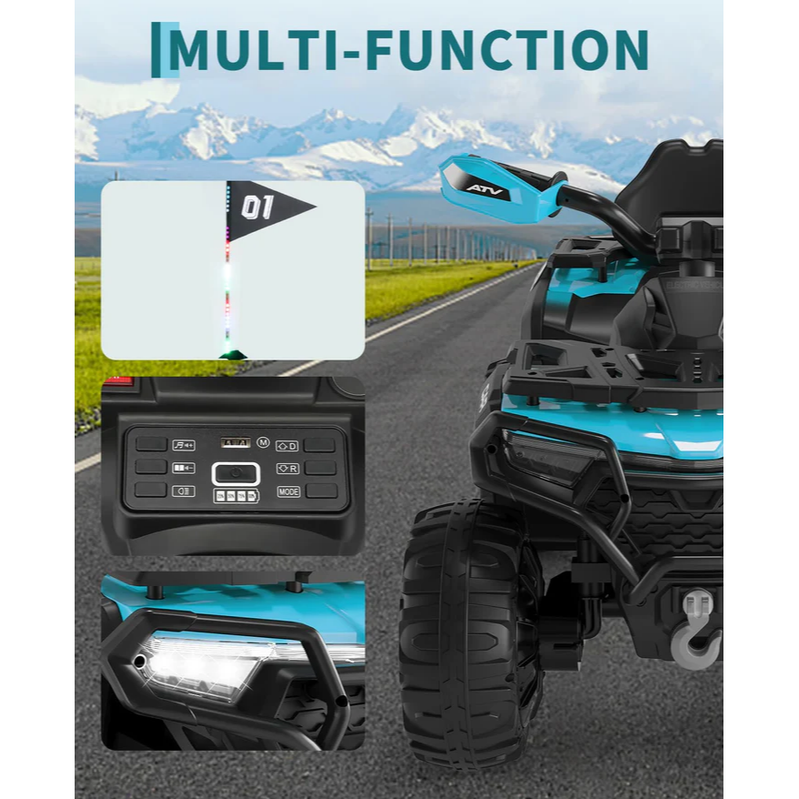 Garvee Quad Eléctrico Infantil 12V Todo Terreno Azul Turquesa, 2 Motores Potentes, Control Parental, Suspensión, LED, Bluetooth, USB para Niños 3-8 Años