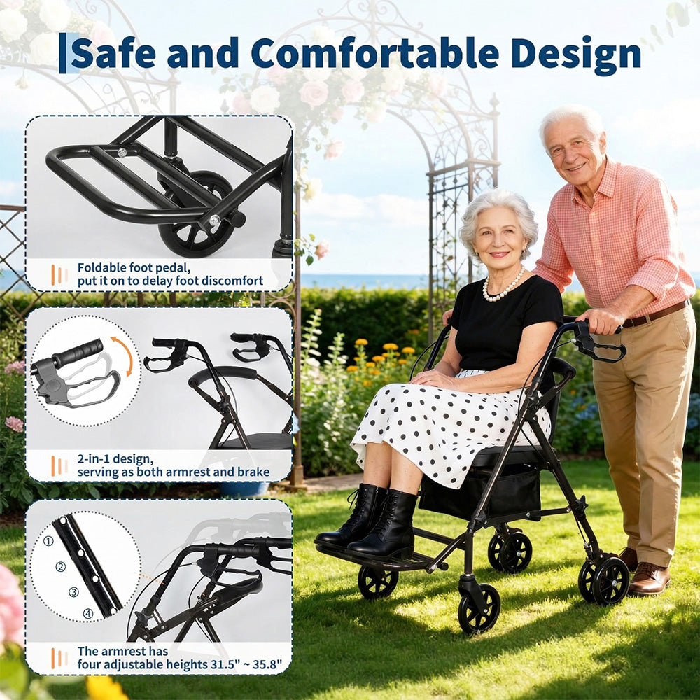 Garvee Caminador de Movilidad Plegable de Acero con Asiento y 4 Ruedas Sistema de Doble Freno Soporta 136kg Altura Ajustable 80.5-91cm Negro