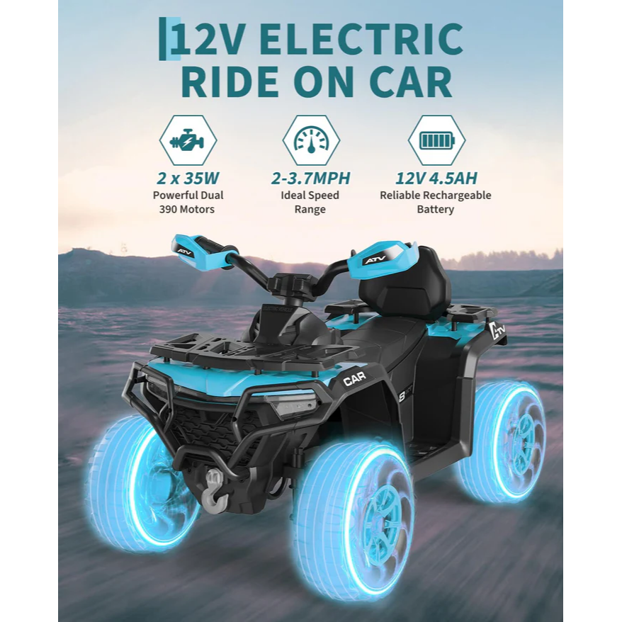 Garvee Quad Eléctrico Infantil 12V Todo Terreno Azul Turquesa, 2 Motores Potentes, Control Parental, Suspensión, LED, Bluetooth, USB para Niños 3-8 Años
