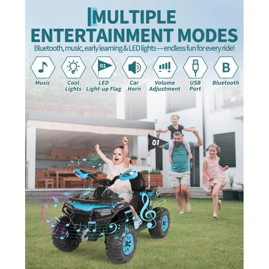 Garvee Quad Eléctrico Infantil 12V Todo Terreno Azul Turquesa, 2 Motores Potentes, Control Parental, Suspensión, LED, Bluetooth, USB para Niños 3-8 Años