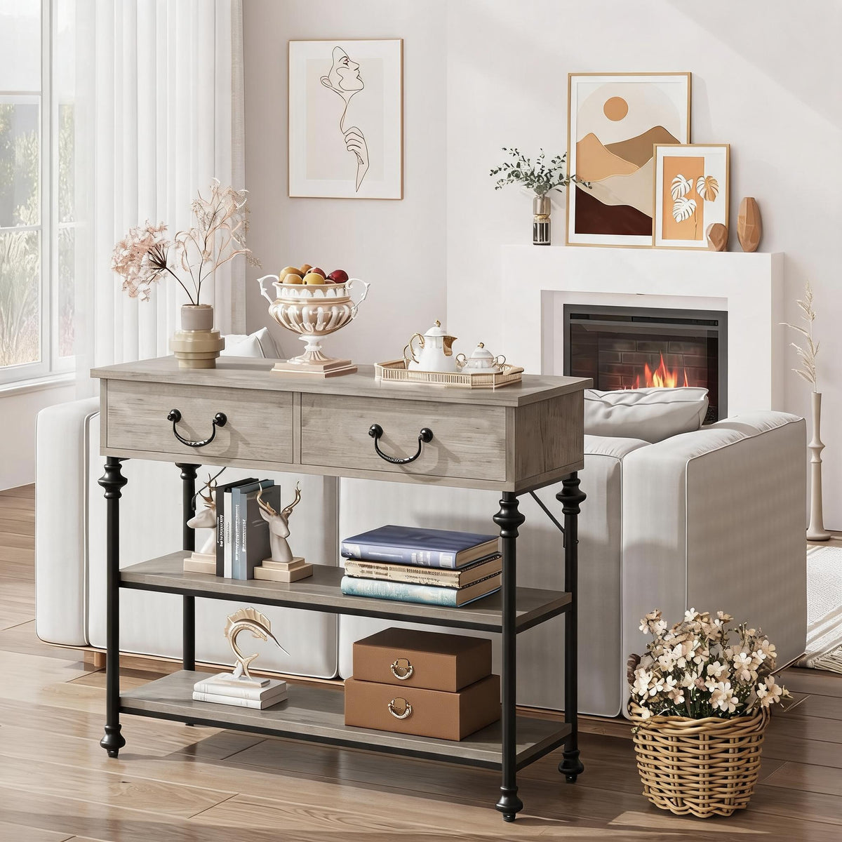 Garvee Mesa Consola Estrecha con 2 Cajones y Estantes, para Pasillos y Salas, Estilo Industrial Moderno, MDF y Tablero de Partículas, Gris Rústico, 100×30×80 cm