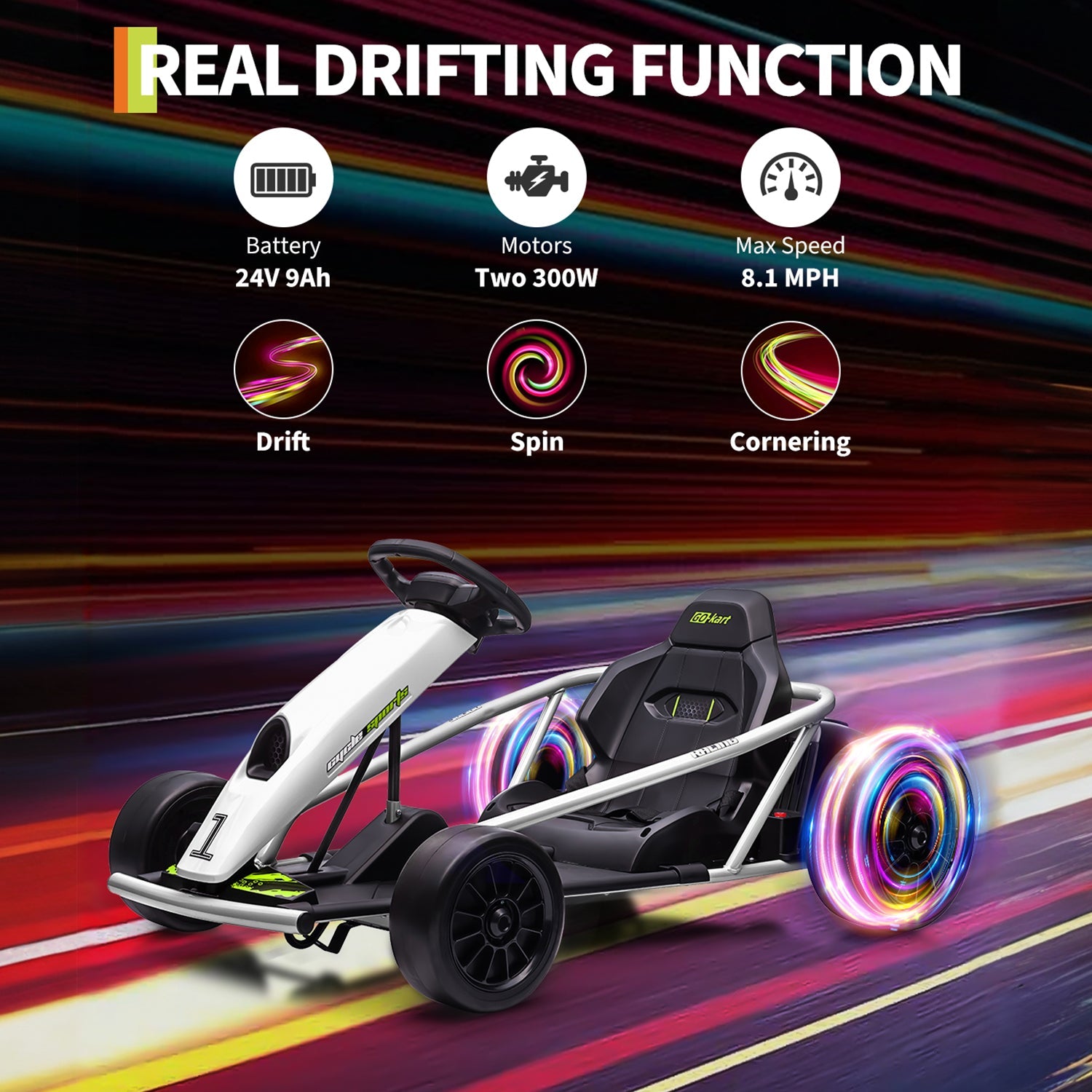 Garvee Go-Kart Eléctrico 24V, 2 Motores 300W, Velocidad 13 km/h, Nylon y EVA, 8-12 años, Exterior, Blanco