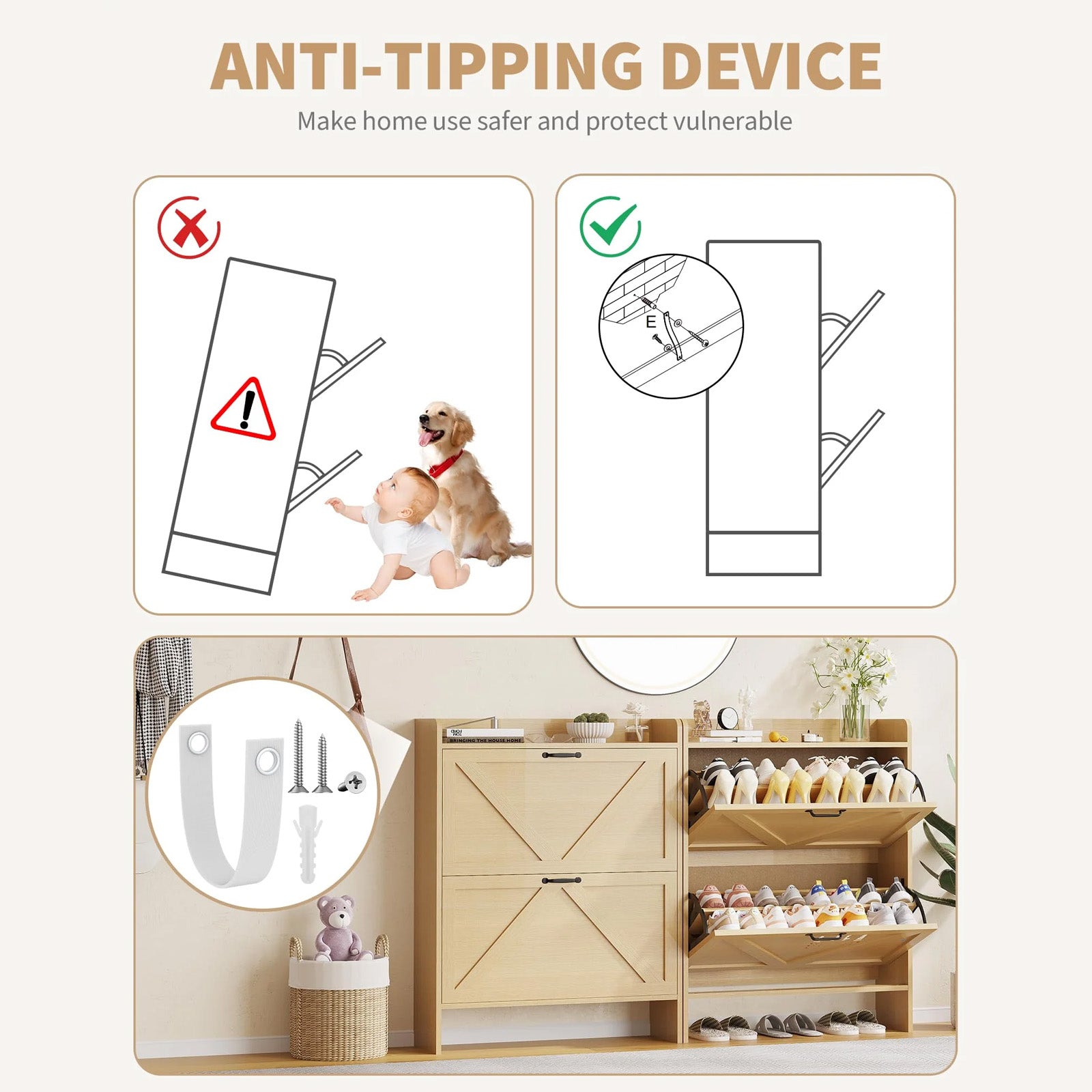 Garvee Zapatero Estrecho de Recibidor con 2 Cajones Abatibles Organizador de Zapatos Oculto de Madera MDF y Patas Metálicas Mueble Estilo Rústico, Madera Natural