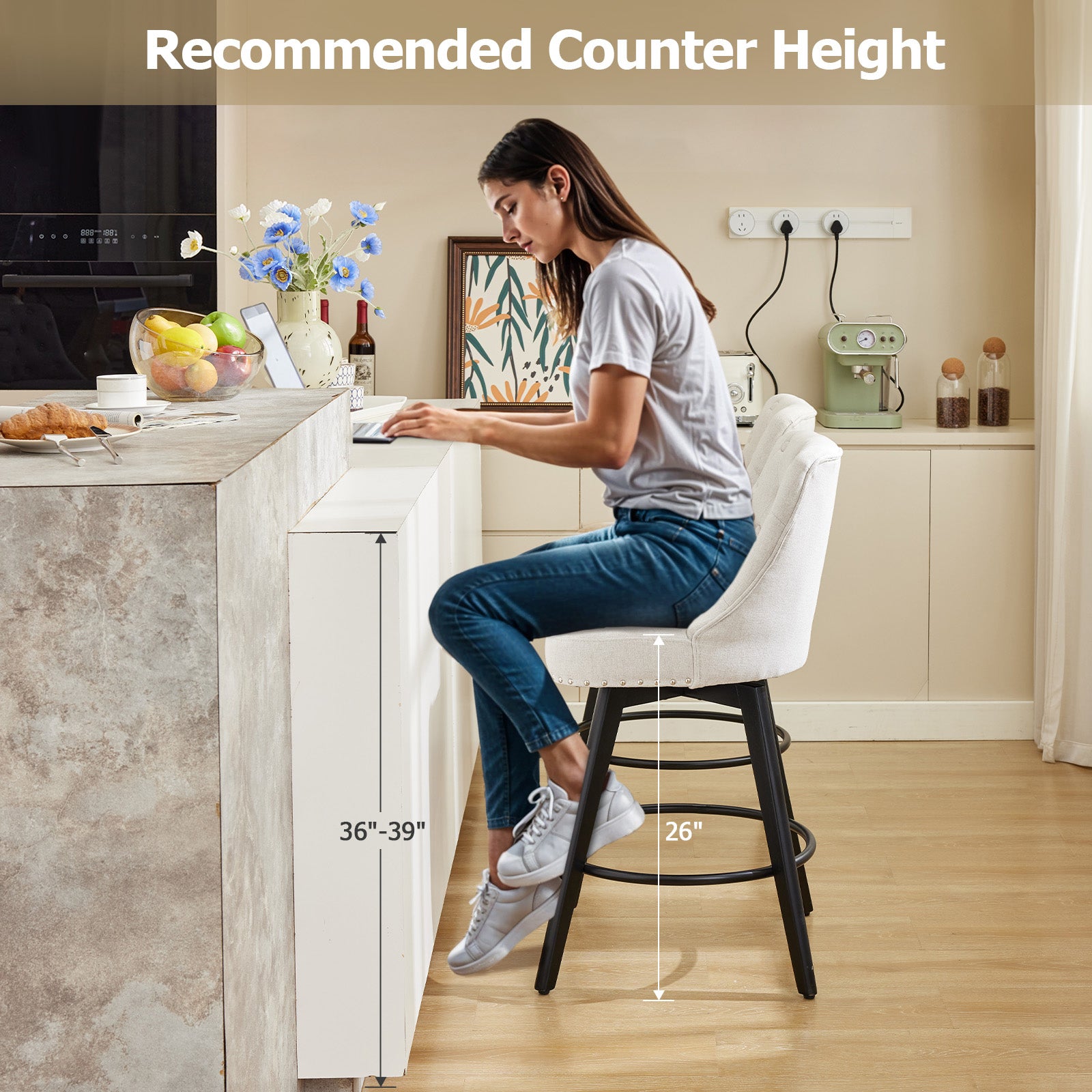 Garvee Taburetes De Bar Giratorios Modernos Con Respaldo Acolchado Patas De Madera Beige 26 In Para Cocina Y Bar En Casa