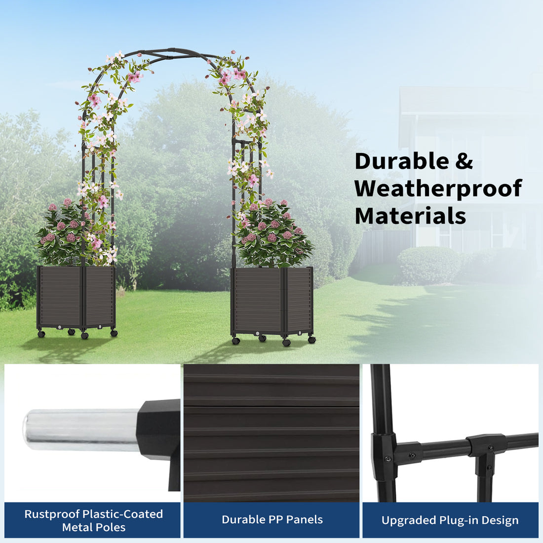 Garvee Arco de Jardín con Jardinera y Ruedas 120x240 cm, Set de Cama de Cultivo Profunda con Enrejado para Plantas Trepadoras, PP Resistente, Negro