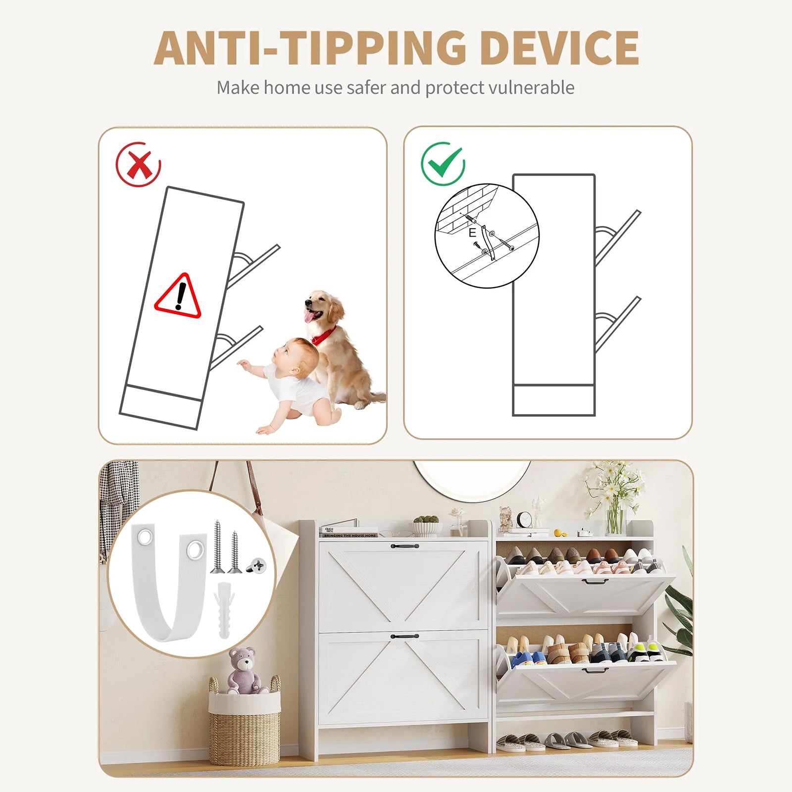 Garvee Zapatero Estrecho de Recibidor con 2 Cajones Abatibles Organizador de Zapatos Oculto de Madera MDF y Patas Metálicas Mueble Estilo Rústico, Blanco