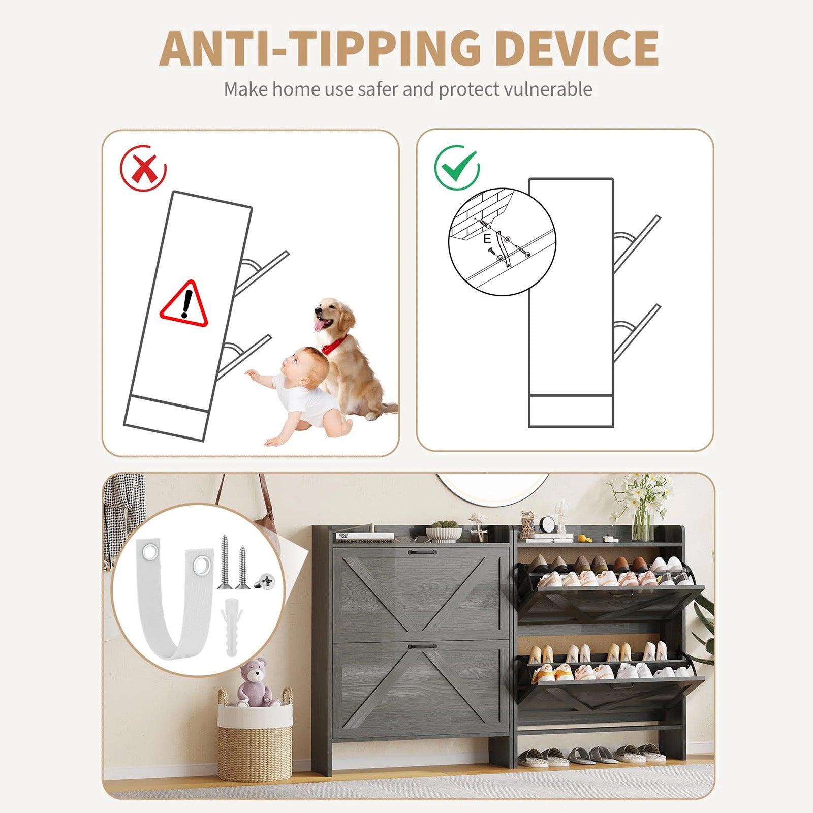 Garvee Zapatero Estrecho de Recibidor con 2 Cajones Abatibles Organizador de Zapatos Oculto de Madera MDF y Patas Metálicas Mueble Estilo Rústico, Negro