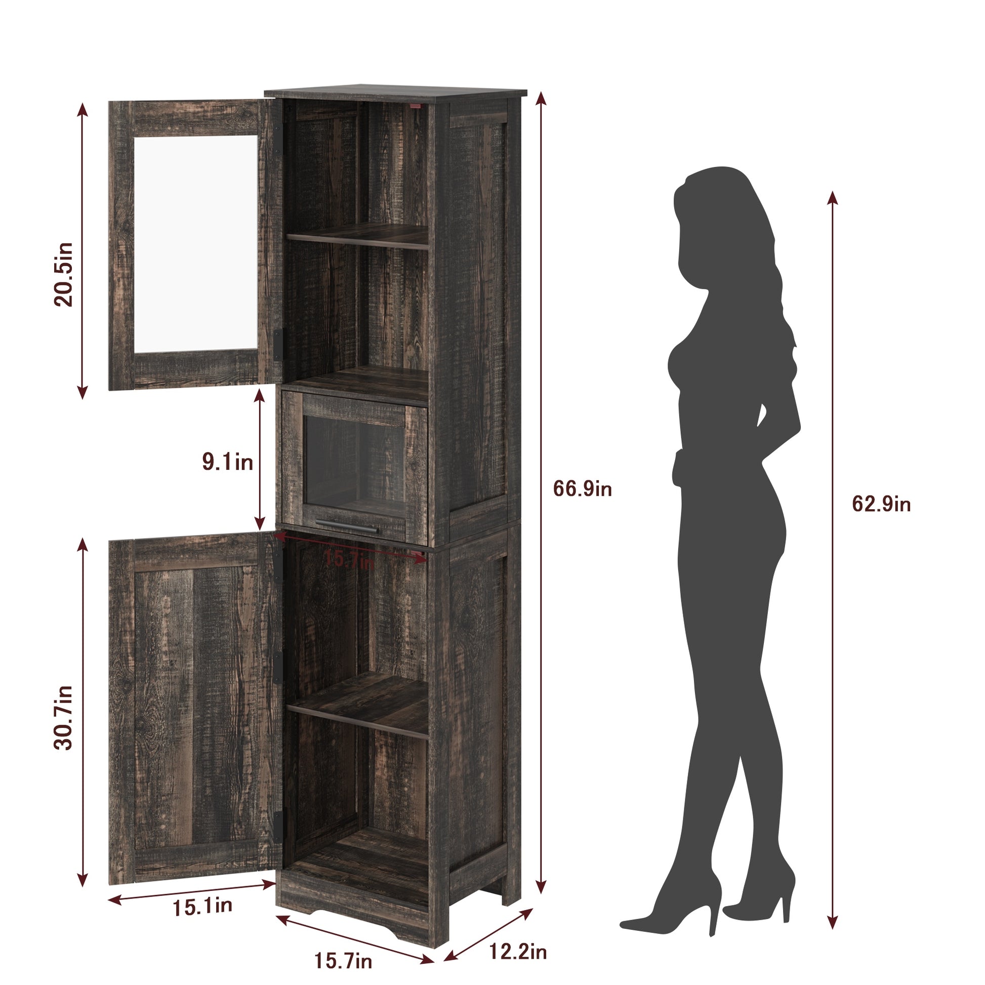 Garvee Armario Alto 170 cm Madera MDF Puerta Vidrio Templado Para Baño Cocina Diseño Compacto Blanco