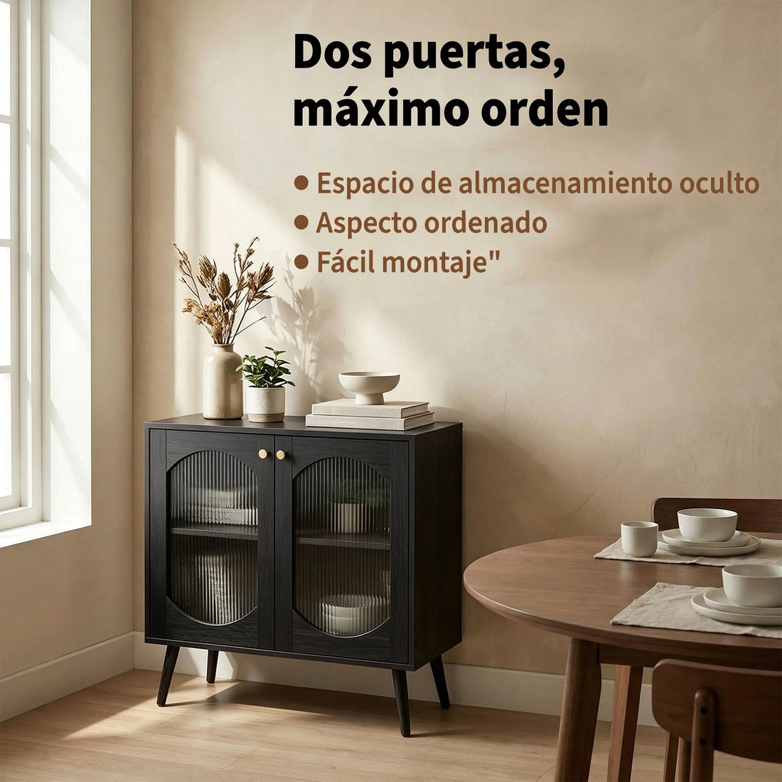 Garvee Aparador Contemporáneo de PB con 2 Puertas de Vidrio Texturizado Mueble Multifuncional para Salón o Pasillo Negro