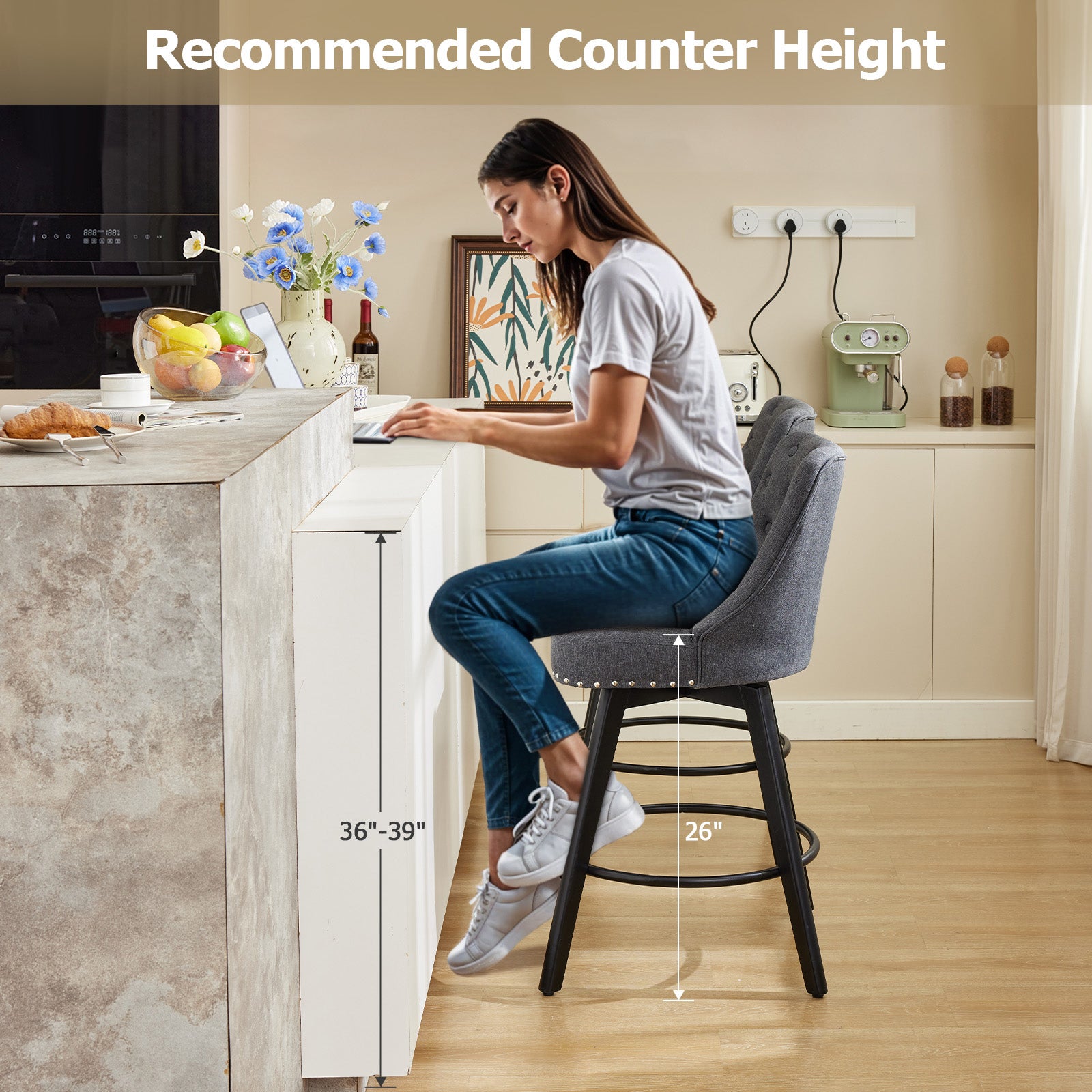 Garvee Taburetes de Bar Modernos Giratorios con Respaldo, Asiento Acolchado de Lino Gris, Patas de Madera Sólida, Altura 66 cm para Cocina y Bar en Casa