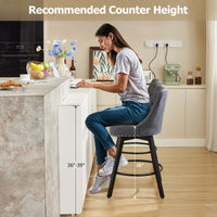 Garvee Taburetes de Bar Modernos Giratorios con Respaldo, Asiento Acolchado de Lino Gris, Patas de Madera Sólida, Altura 66 cm para Cocina y Bar en Casa