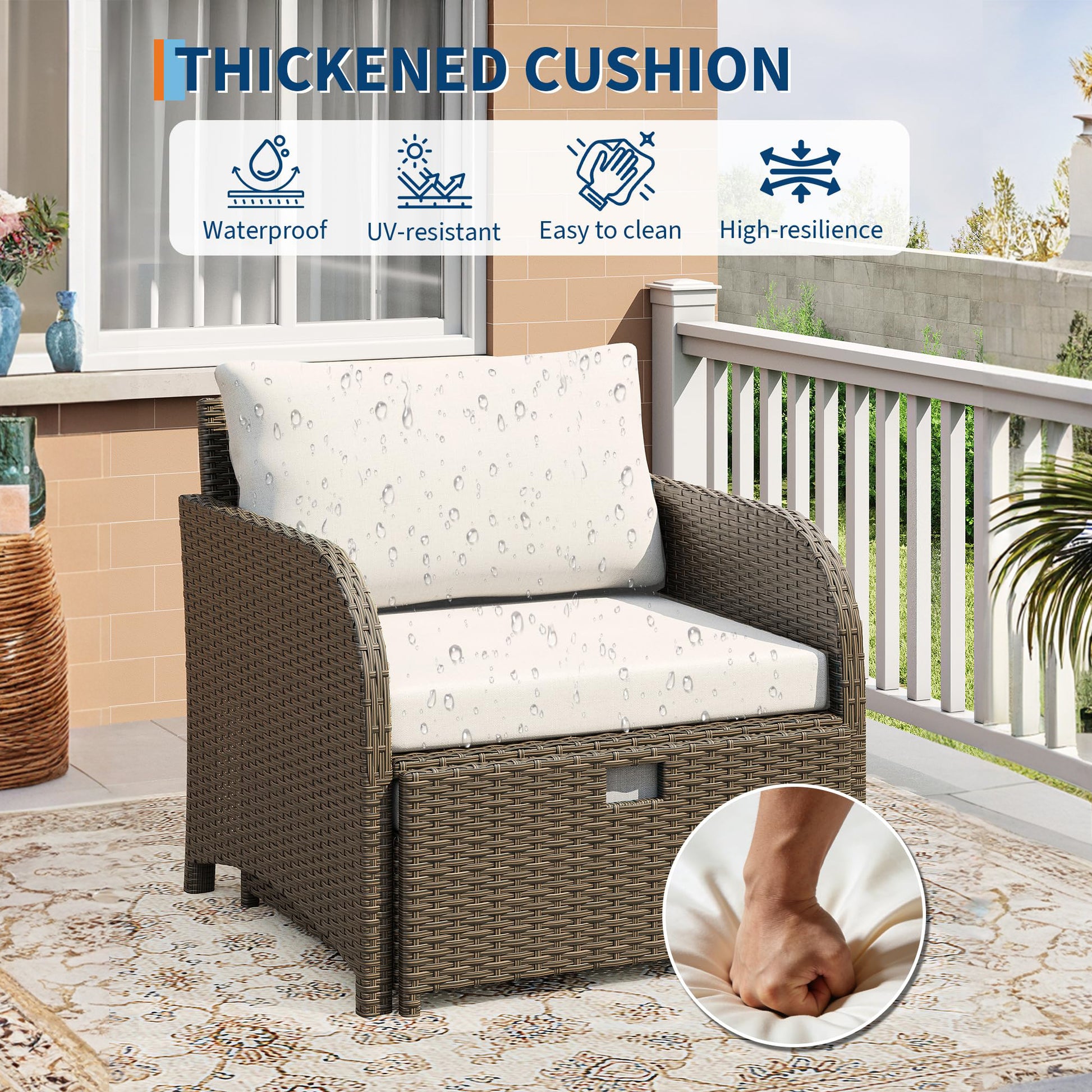 Garvee Conjunto de Muebles de Jardín de Ratán de 5 Piezas con 2 Sillones Mesa de Vidrio y Otomanas para Balcón y Terraza, Marrón y Beige