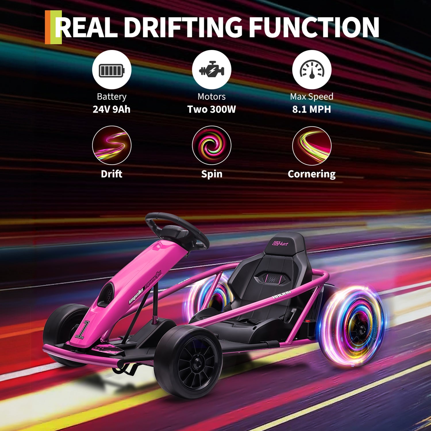 Garvee Go-Kart Eléctrico 24V, 2 Motores 300W, Velocidad 13 km/h, Asiento Amplio, Música, Ruedas EVA Y Nylon, 8-12 años, Exterior, Rosa Fucsia