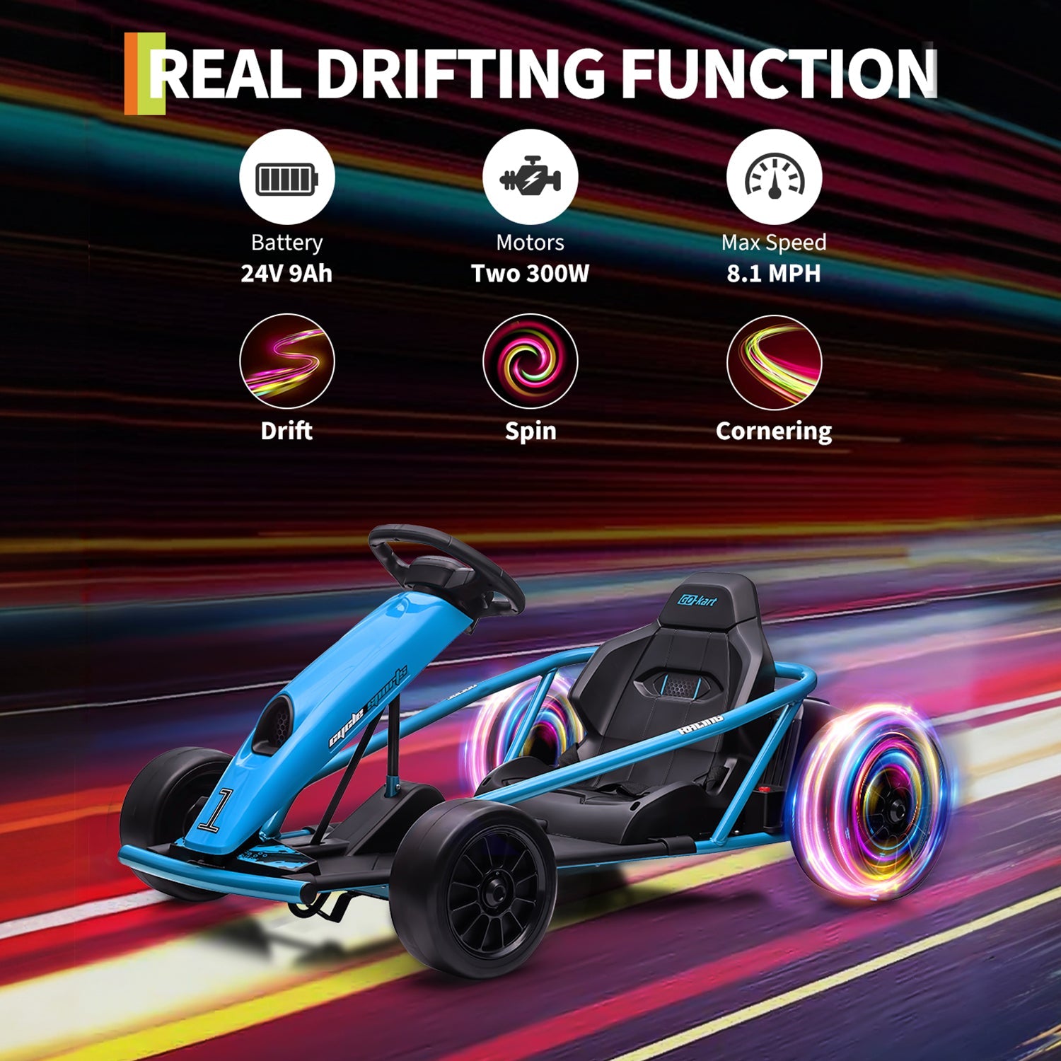 Garvee Go-Kart Eléctrico 24V, 2 Motores 300W, Velocidad 13 km/h, Asiento Amplio, Música y Deriva Segura, Batería 9Ah, 8-12 años, Exterior, Azul