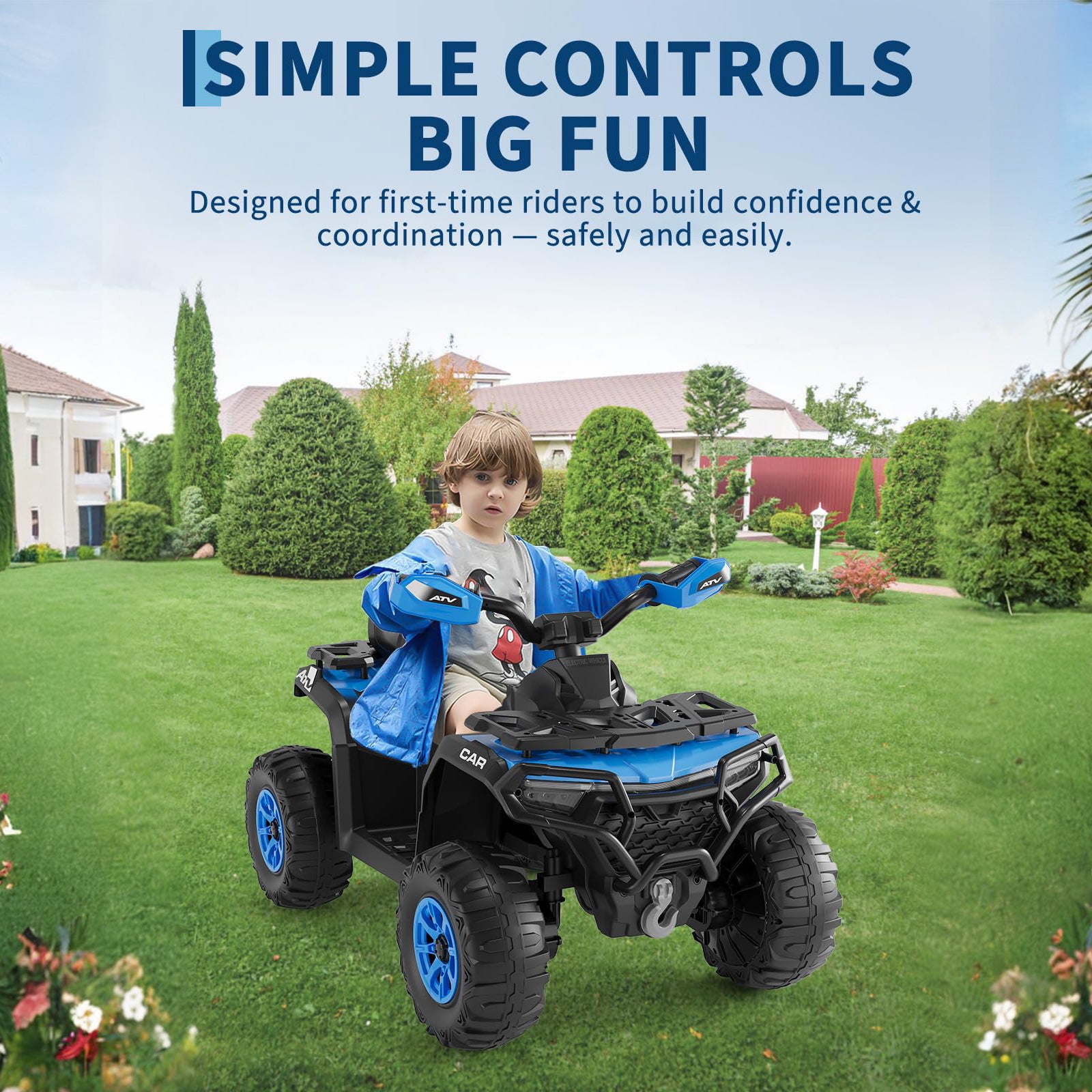 Garvee Quad Eléctrico 12V, Control Remoto, 2 Motores Potentes, Suspensión, LED, Bluetooth, Música, USB, 3-8 años, Exterior, Azul