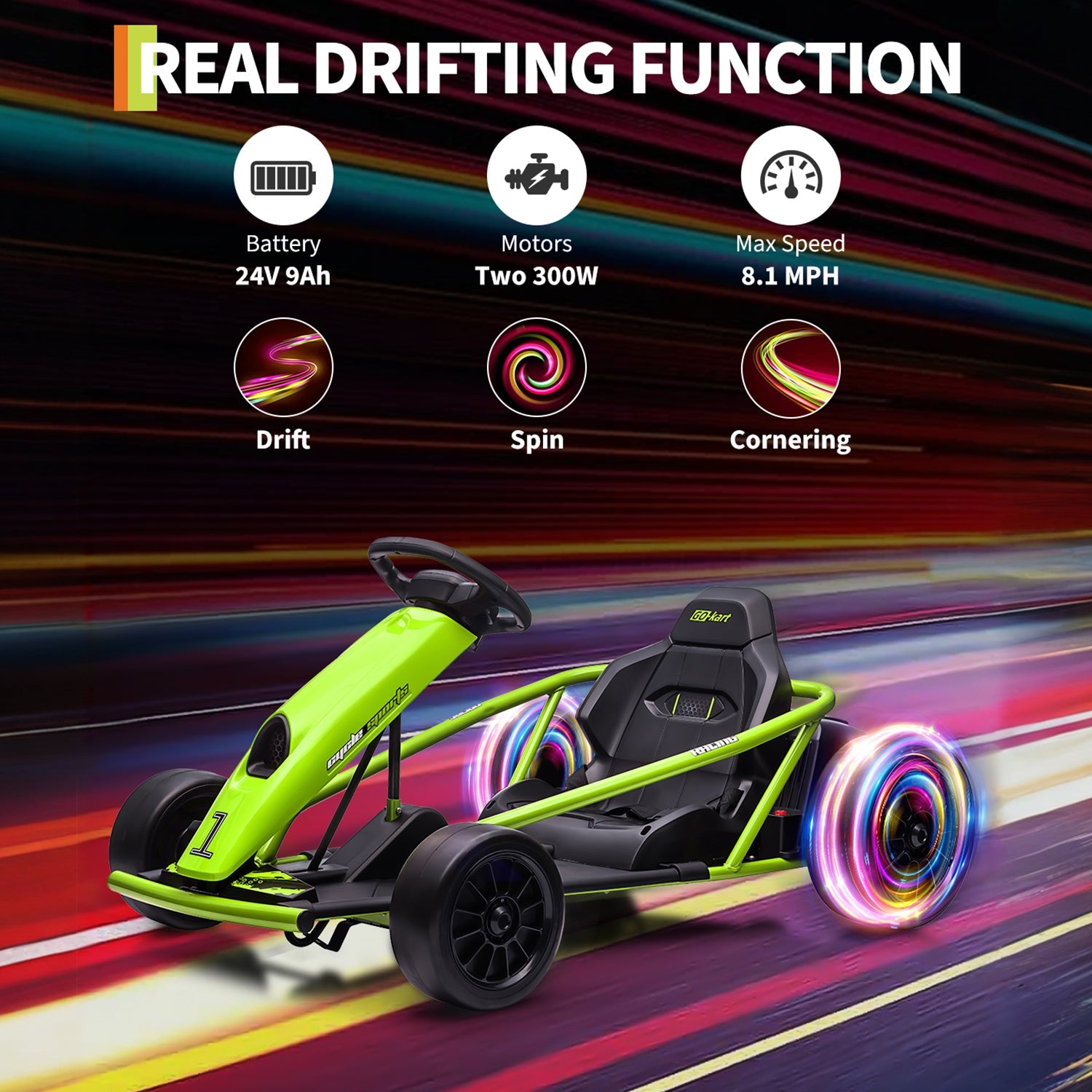 Garvee Go-Kart Eléctrico 24V, 2 Motores 300W, Velocidad 13 km/h, Asiento Amplio, Frenos de Seguridad, Música y Hupe, 8-12 años, Exterior, Verde