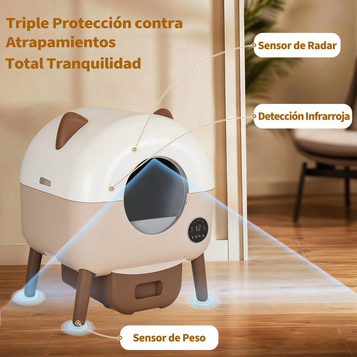 Garvee Arenero Autolimpiante Automático para Gatos Tambor 76 L Control por App Wi-Fi Triple Seguridad Blanco y Café