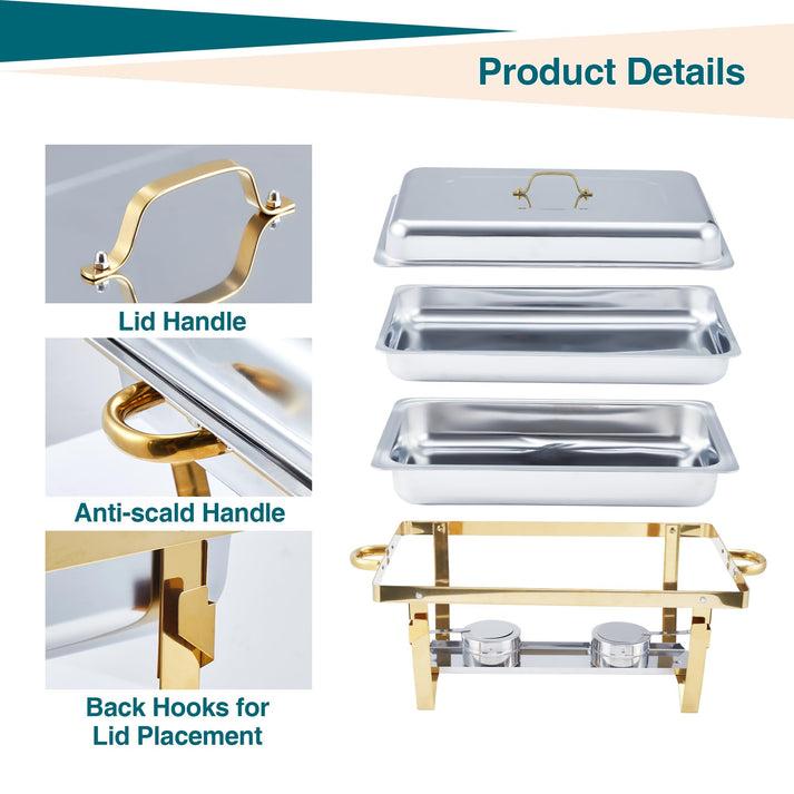 Calentador buffet acero inoxidable premium bordes lisos patas plegables asas anti-quemaduras transporte seguro