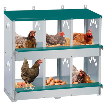 Garvee Caja de Anidación para Pollos 2 Capas 6 Compartimentos con Patas, Acero Galvanizado, Con 6 Huevos Falsos, Bandeja de Huevos Barra de Posadero, Resistente a la Oxidación, Verde Oscuro