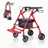 Garvee Andador Plegable De 4 Ruedas Con Asiento Y Frenos Dobles Para Apoyo Y Transporte Personal, Altura Ajustable 80,5-91 Cm, Color Rojo - Rojo