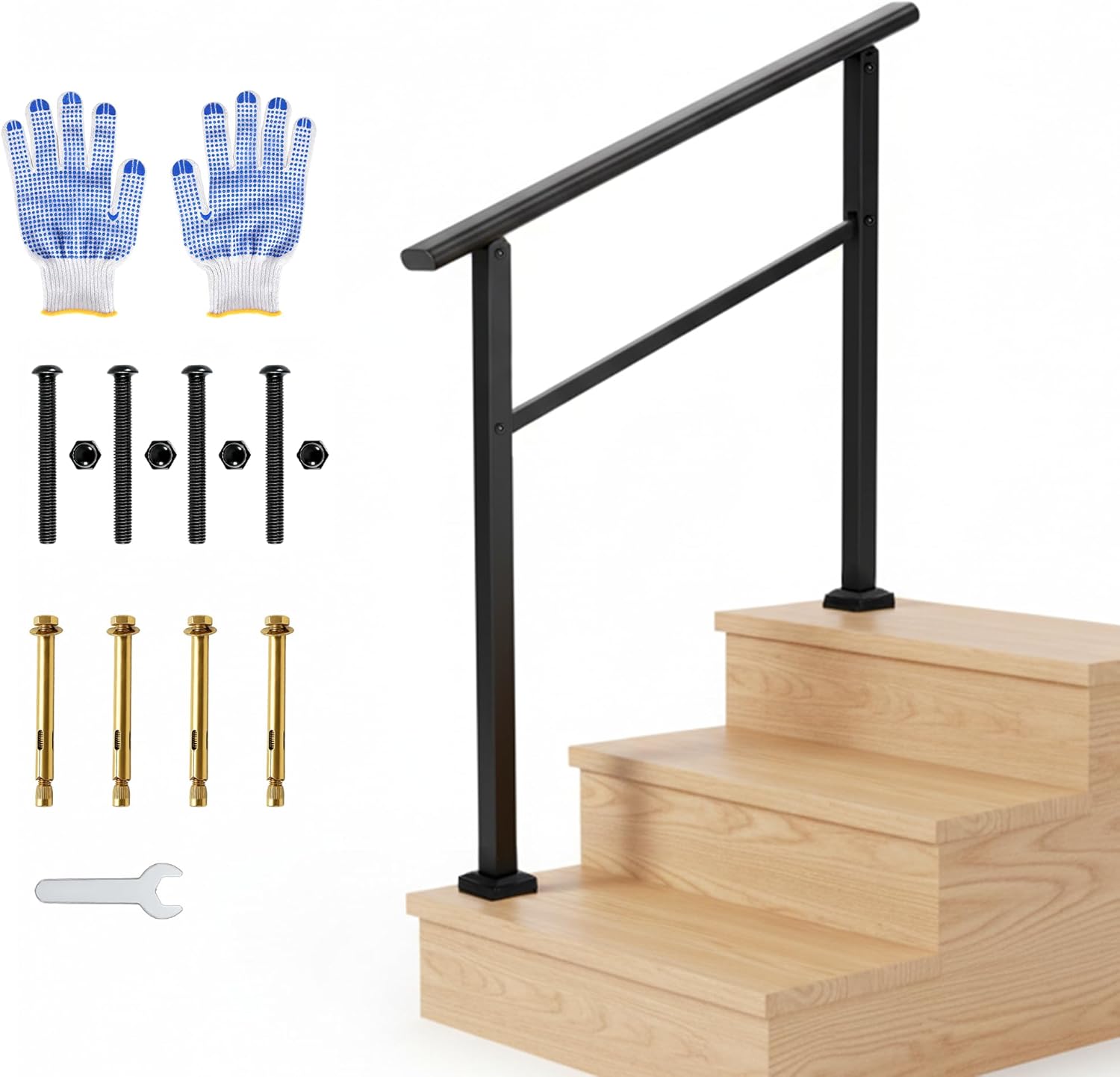 Garvee Barandilla para Escalera de 3 Peldaños Ergonómica y Estable con Accesorios de Montaje y Guantes para Exterior e Interior Negro