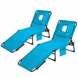 Garvee Tumbona Plegable Azul Pack 2 Unidades con Agujero Facial, Respaldo 5 Posiciones, Tela Impermeable, Almohada y Bolsillo Lateral para Playa y Jardín - Azul