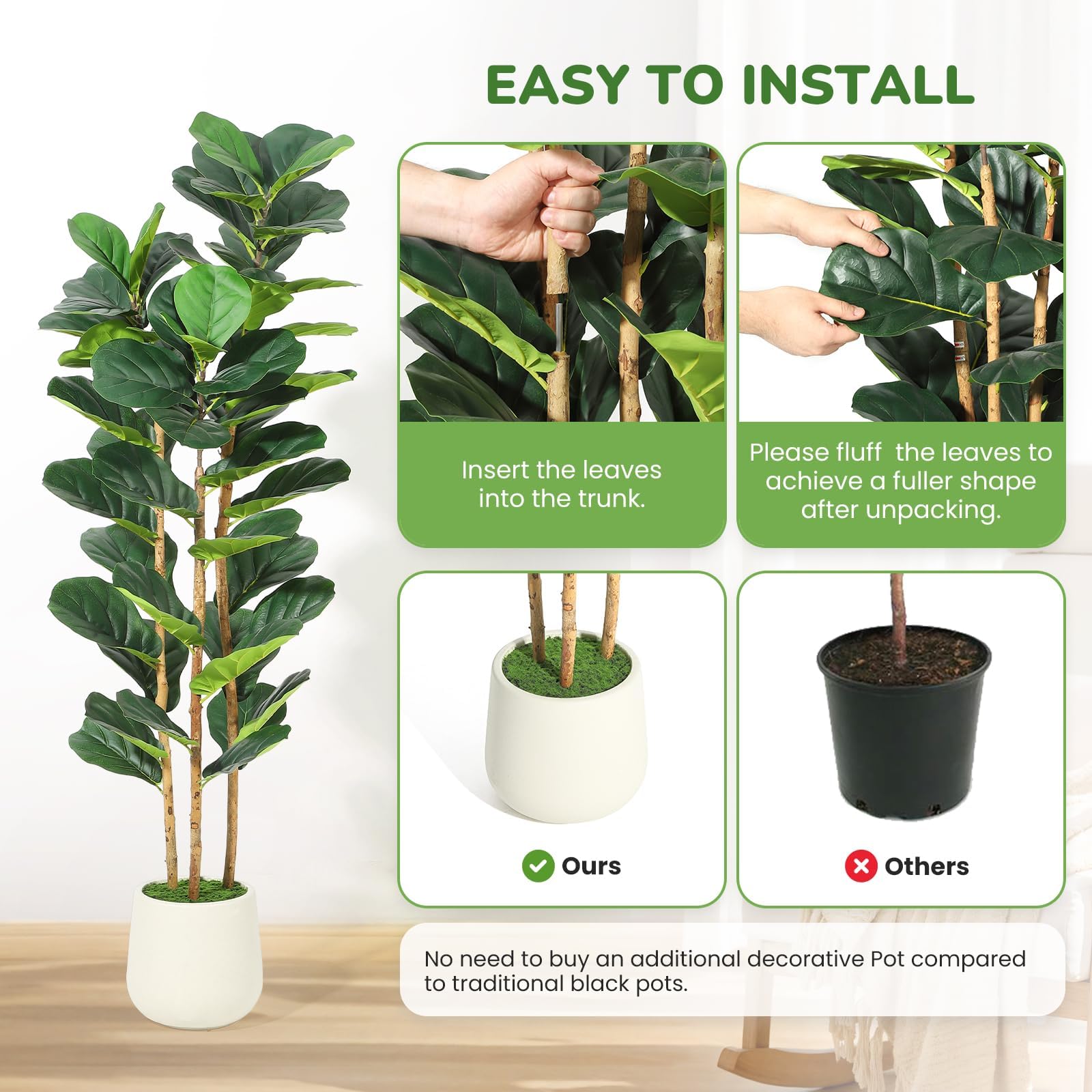 Garvee Árbol Artificial Ficus Lyrata 152cm Hoja Realista Maceta Blanca Material PVC Resistente Agua Hogar Oficina