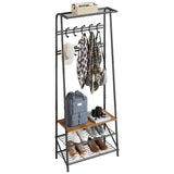 Garvee Perchero 4 en 1 con Banco Metal y MDF Estante Zapateros 8 Ganchos Dobles 60cm Ancho 64x29x180cm Estable Negro & Marrón - Negro & Marrón