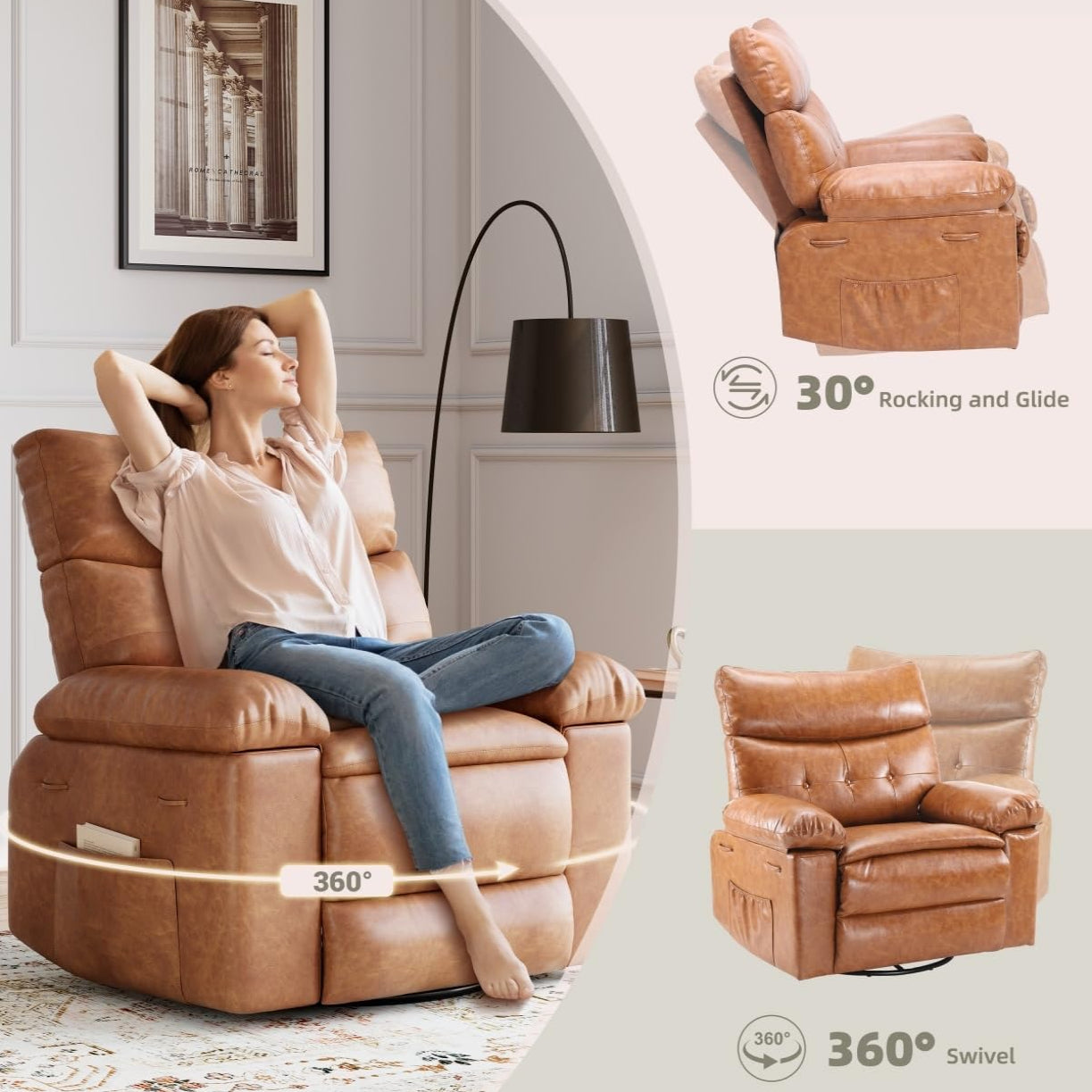 Garvee Sillón Reclinable Extragrande de Cuero PU con Masaje y Calefacción Giratorio 360° y Mecedora Manual Marrón Vintage