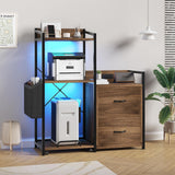Garvee Archivador Rodante de 125 cm con Soporte para Impresora Estación de Carga Luces LED y 2 Cajones para Oficina Estructura Metálica Negro y Marrón Rústico - Marrón rústico