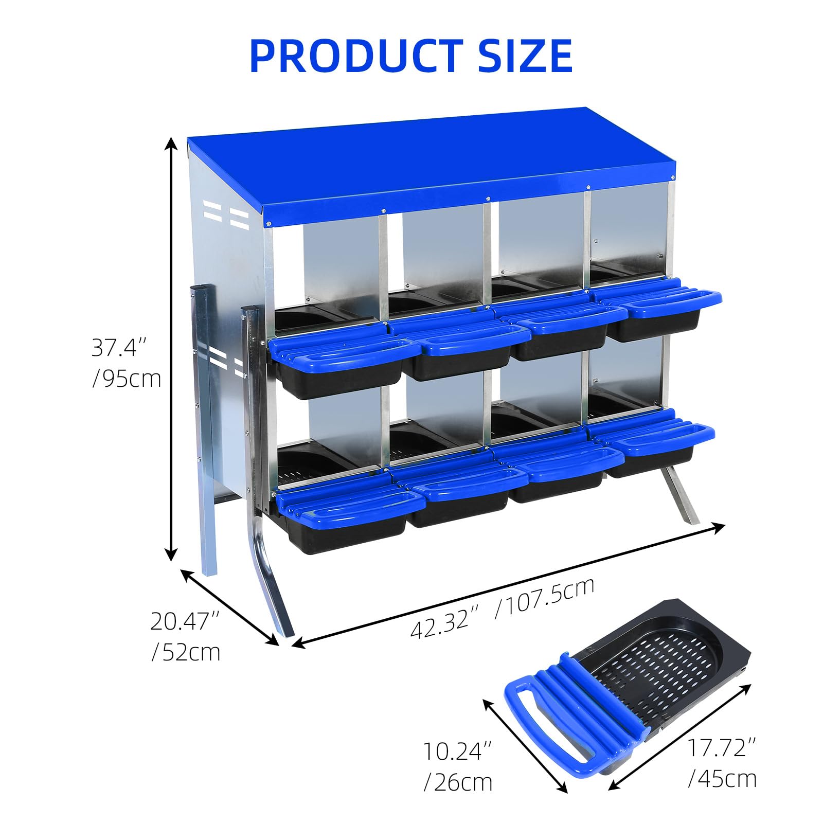 Garvee Caja de Nido para Pollos 8 Compartimentos con Soporte, Acero Galvanizado PP, Diseño Antideslizante, Fácil Limpieza Gallineros Granjas, Azul