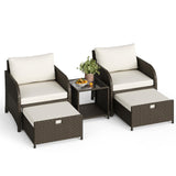 Garvee Conjunto de Muebles de Jardín de Ratán de 5 Piezas con 2 Sillones Mesa de Vidrio y Otomanas para Balcón y Terraza, Marrón y Beige - Marrón & Beige