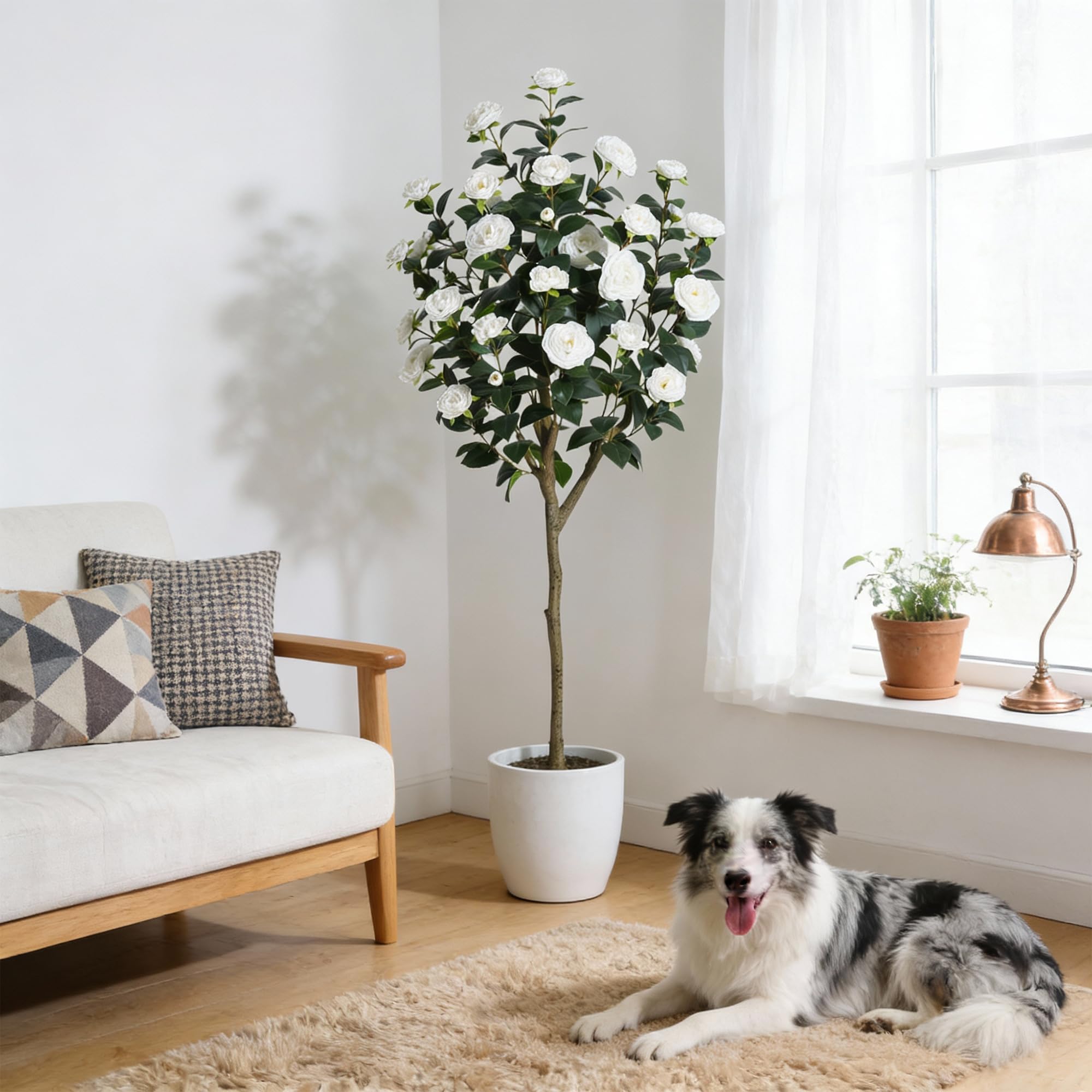Arbol artificial de camelia de ciento cincuenta y dos centimetros con flores blancas decorativas Garvee