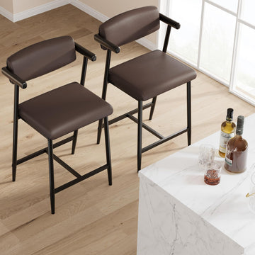 Garvee Taburetes de Bar Modernos 66 cm con Respaldo y Brazos, Asiento Ancho Tapizado, Estructura Metálica, Gris y Marrón, Juego de 2
