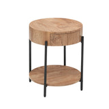 Garvee Mesa Auxiliar Redonda de 2 Niveles con Cajón y Estante Inferior Abierto, Estilo Vintage de Granja, MDF de Alta Densidad y Patas Metálicas, 50×50×55 cm, Marrón Veta de Madera - Natural