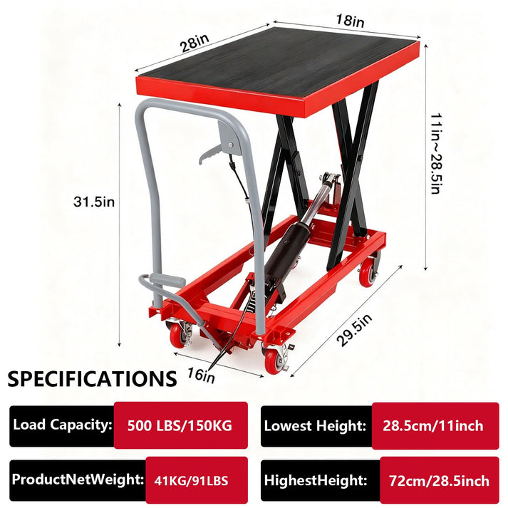 Garvee Carro Hidráulico de Elevación Industrial de Corte Simple 226.8kg Bomba Manual Plataforma 72.39cm Acero Resistente Almohadilla Antideslizante 4 Ruedas Guantes Incluidos Rojo y Negro
