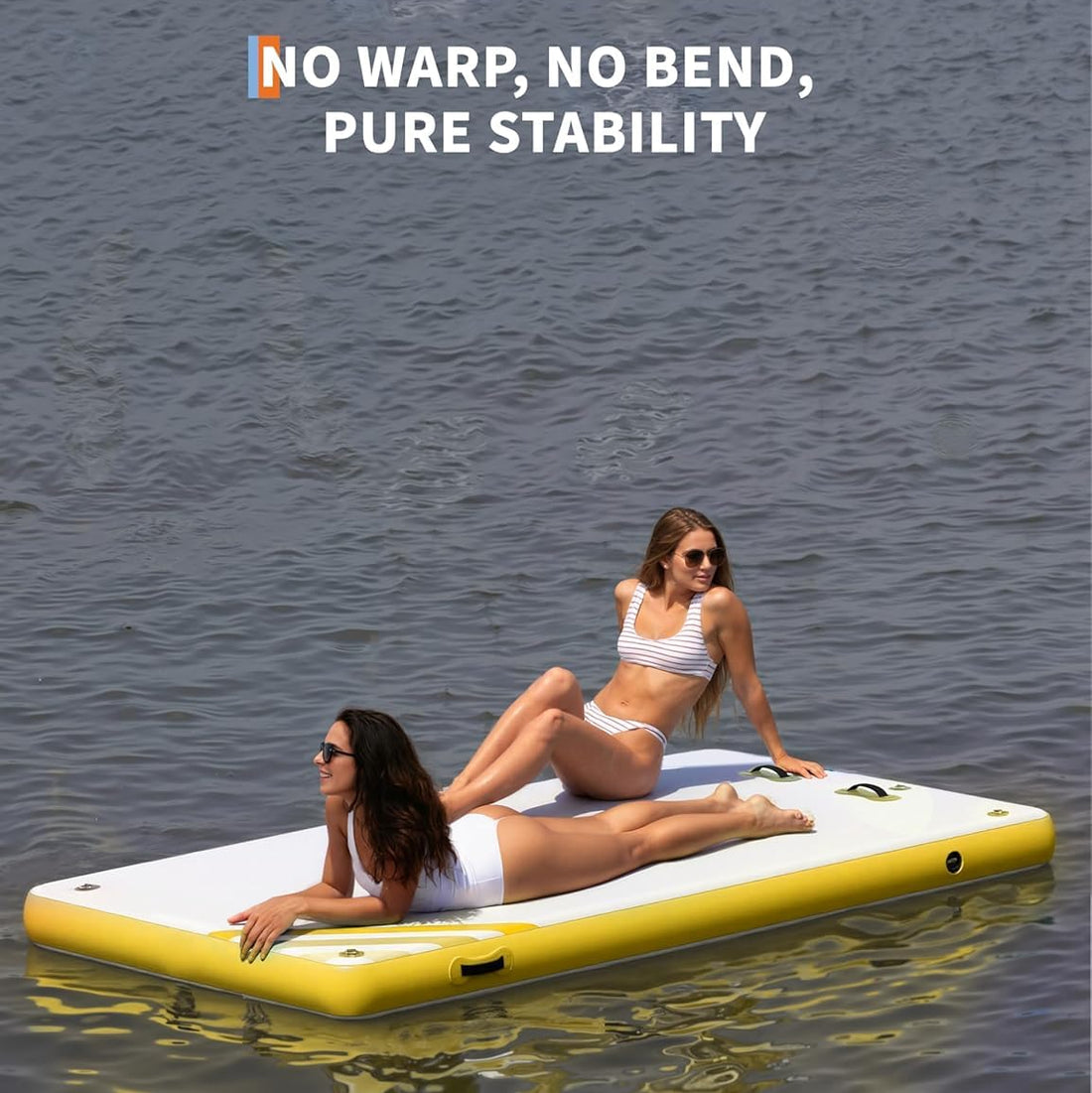Garvee Plataforma Inflable Flotante de 305x305 cm, Muelle Acuático con Escalera para Piscina y Lago, Blanco y Amarillo
