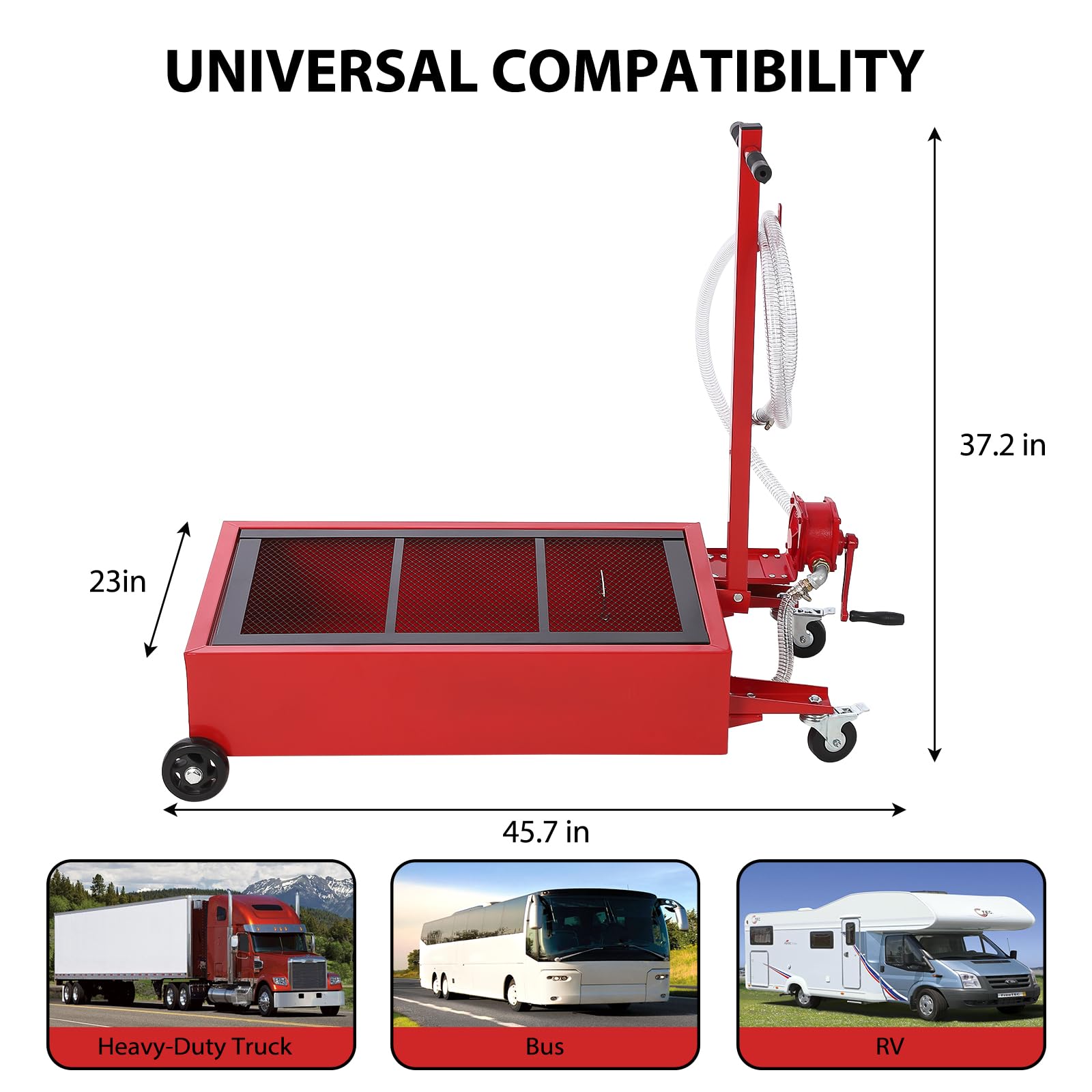 Garvee Depósito de Drenaje de Aceite 20 Galones, 68.1 L, Alto Volumen, Perfil Bajo, Acero Duradero, Bomba Manual, Mango Plegable en T y Ruedas, Manguera de Alambre Mejorada, Rojo, para Autos, SUV y Camionetas