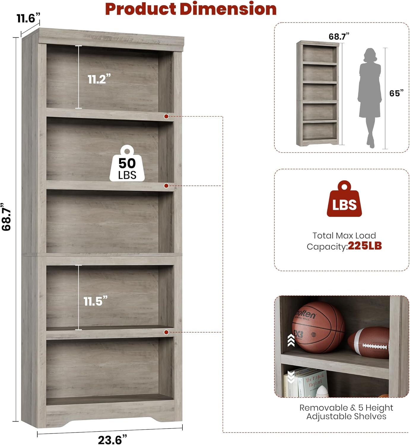 Garvee Estantería de Granja Alta 191cm con 2-6 Niveles Ajustables, MDF Resistente, Diseño Elegante, Antivuelco, para Sala y Oficina, Negro