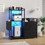 Garvee Armario de Archivos y Mesa para Impresora con Estación de Carga, Mueble Organizador de Oficina con Cajones, Estantes Abiertos y Luces de Colores, 96x125 cm, Fresno Negro - Negro