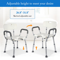 Garvee Asiento de Ducha U con Respaldo y Reposabrazos Ajustable Aluminio Plastic Antideslizante Ligero Robusto Manual en Idioma Local Ancianos, Personas con Movilidad Reducida Baños, Espacios Residenciales Plateado