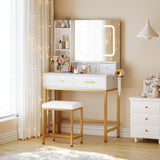 Garvee Coiffeuse Con Espejo LED 3 Modos, 4 Cajones, Toma Elctrica Integrada, Metal Dorado Y Blanco, Moderno, Ideal Para Dormitorio, 53x31.5x15.35cm - Blanco