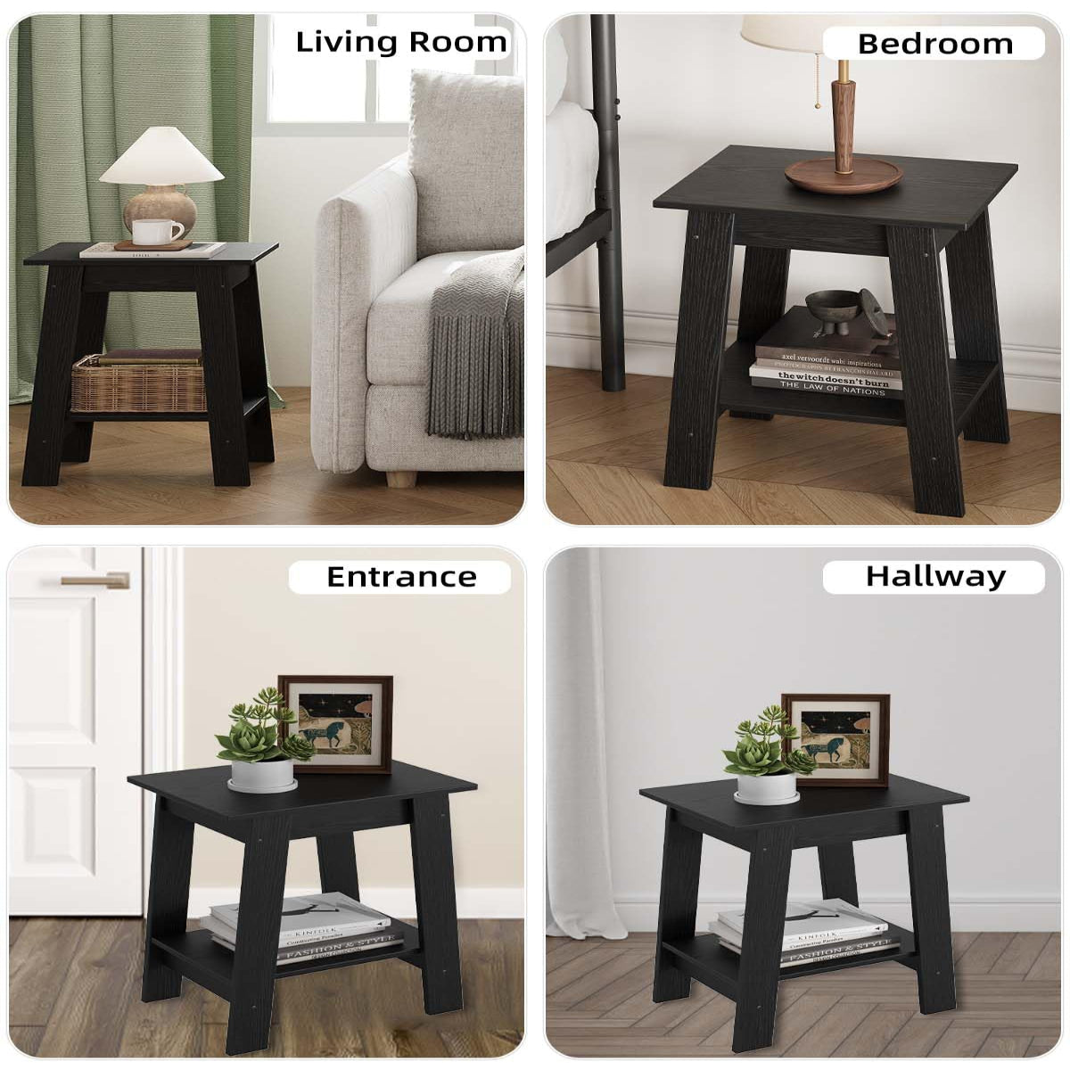 Garvee Pequeña Mesita de Noche de Madera con 2 Estantes para Dormitorio, Sala de Estar, Oficina, Baño 40x30x48CM Negro
