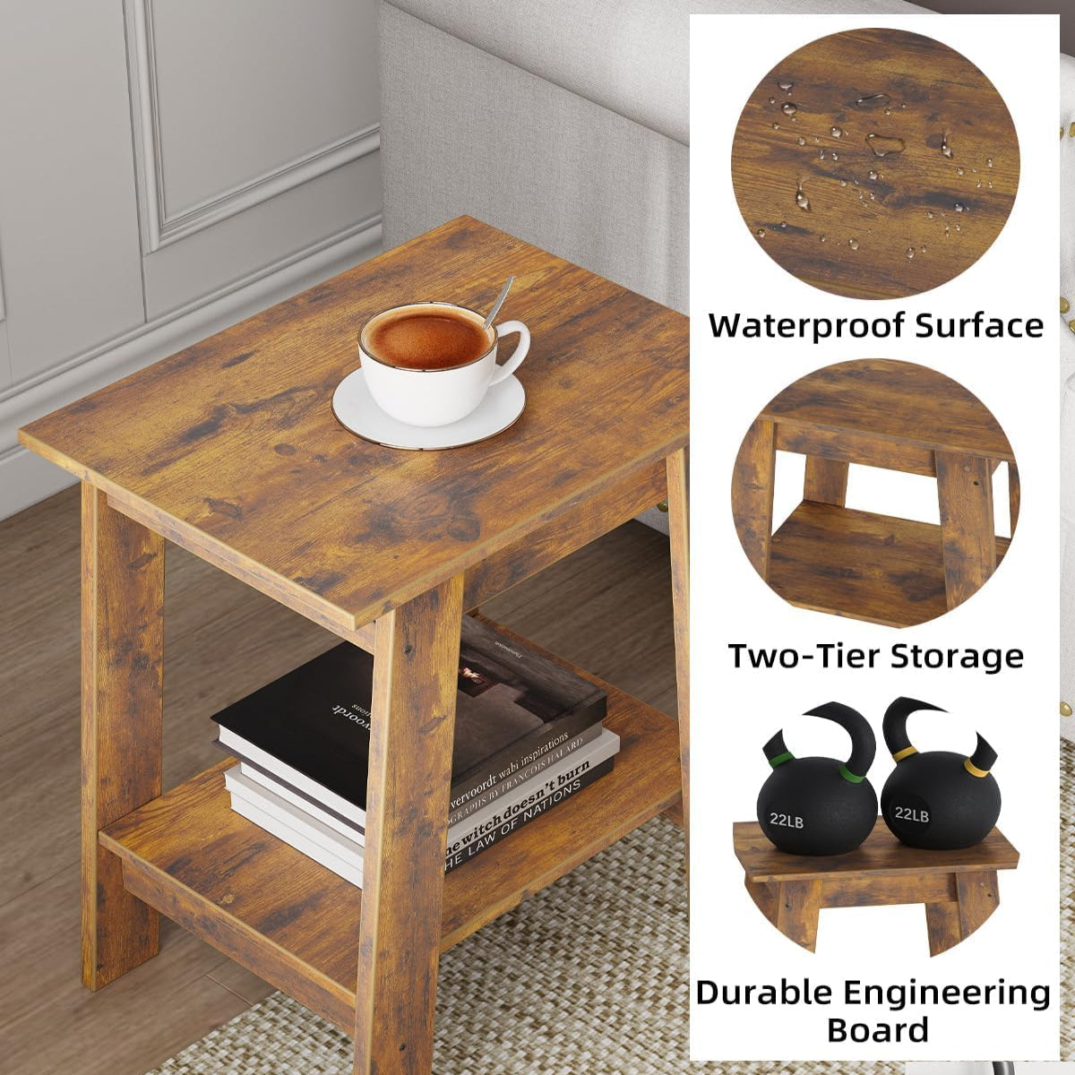 Garvee Mesa Auxiliar Pequeña de Madera Estilo Rústico con 2 Estantes para Dormitorio, Oficina, Sala de Estar, 48.2×30×48.2CM, Rústico Marrón