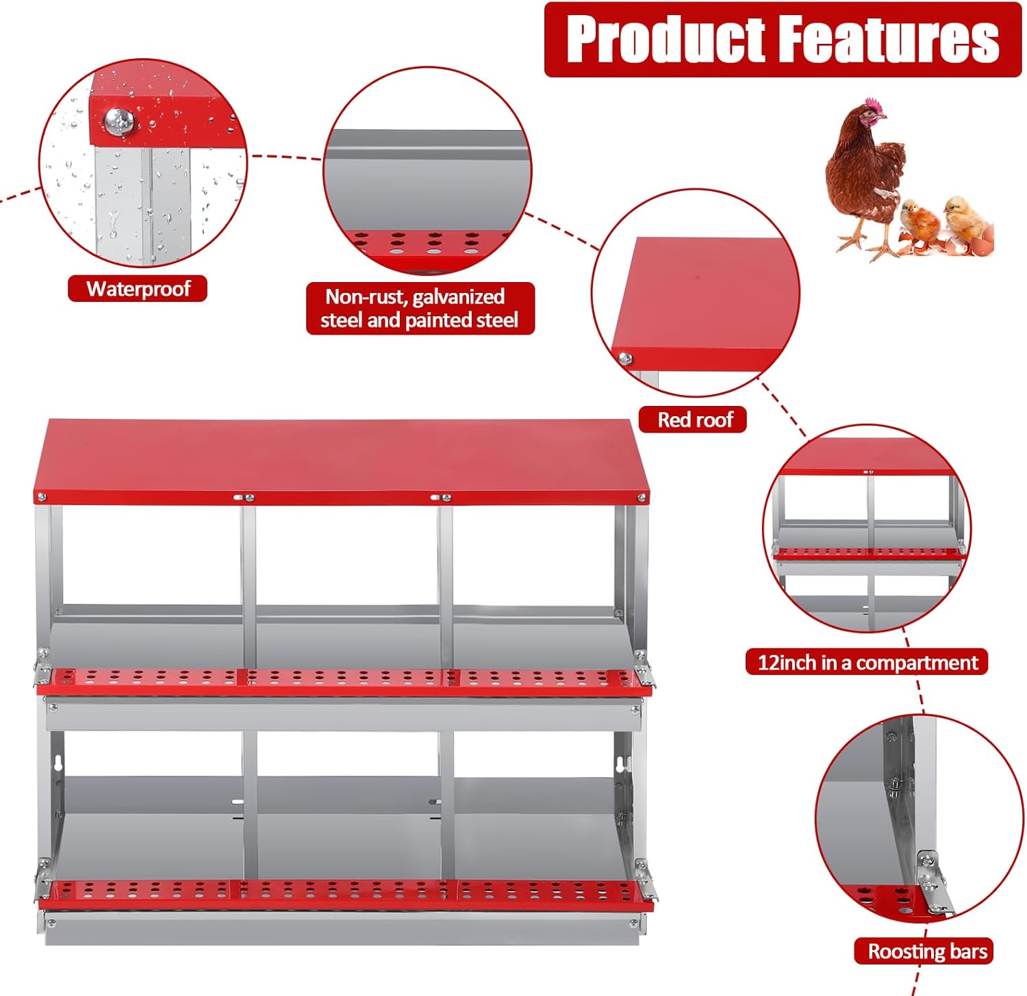 Garvee Caja de Nido para Gallinas 2 Capas 6 Compartimentos con Patas, Acero Galvanizado, Con 6 Huevos Falsos, Impermeable Antióxido, Montable en Pared, Rojo