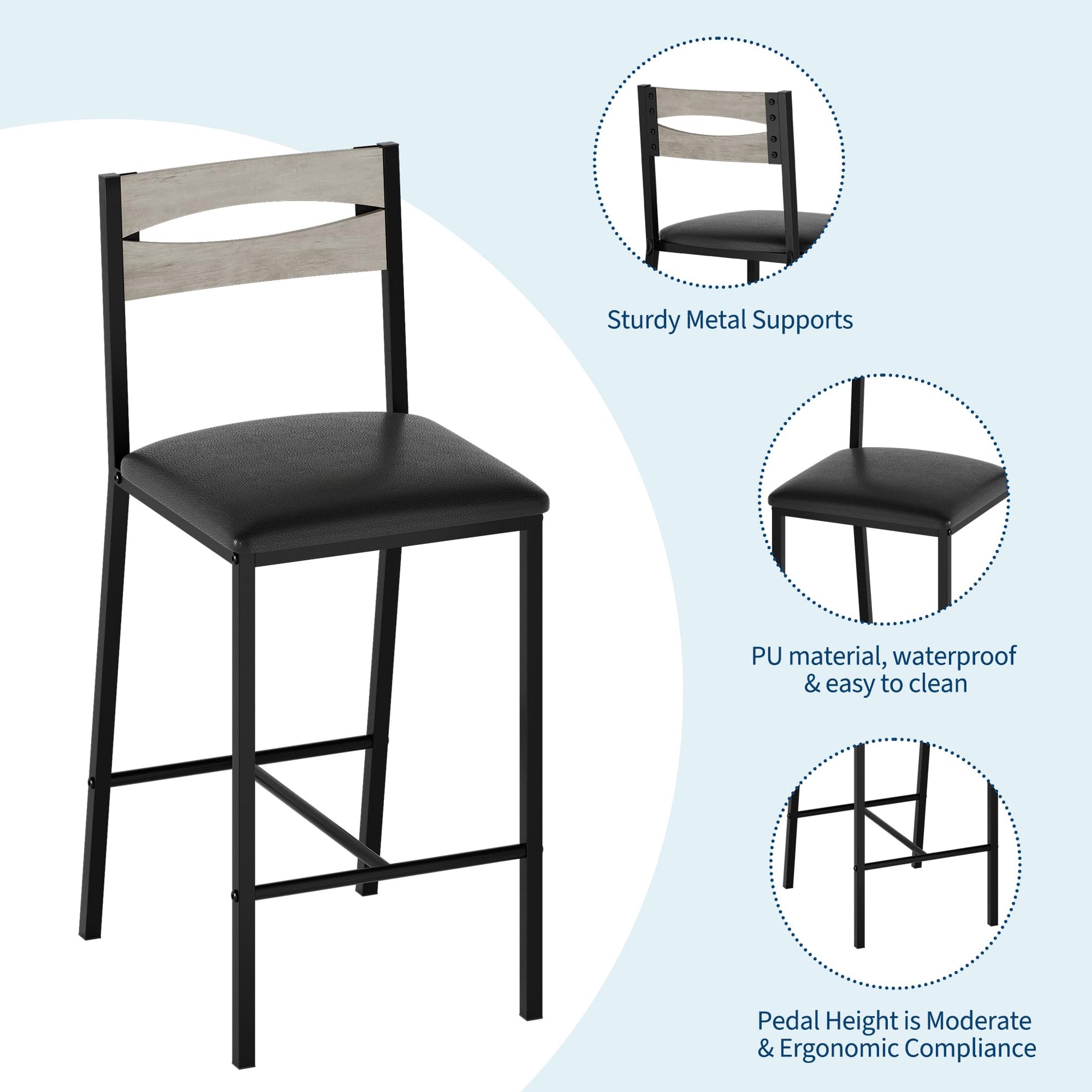 Garvee Juego De Comedor 3 Piezas Con Estantes De Almacenaje, Sillas Tapizadas, Mesa De Hierro Y Madera, Compacto, Gris, Ideal Para Apartamentos