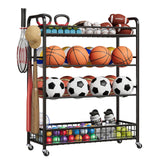 Garvee Organizador de Equipos Deportivos con Ruedas y Ganchos para Garaje y Gimnasio, 4 Niveles, Acero Resistente, 39x15.7x50 in, Negro