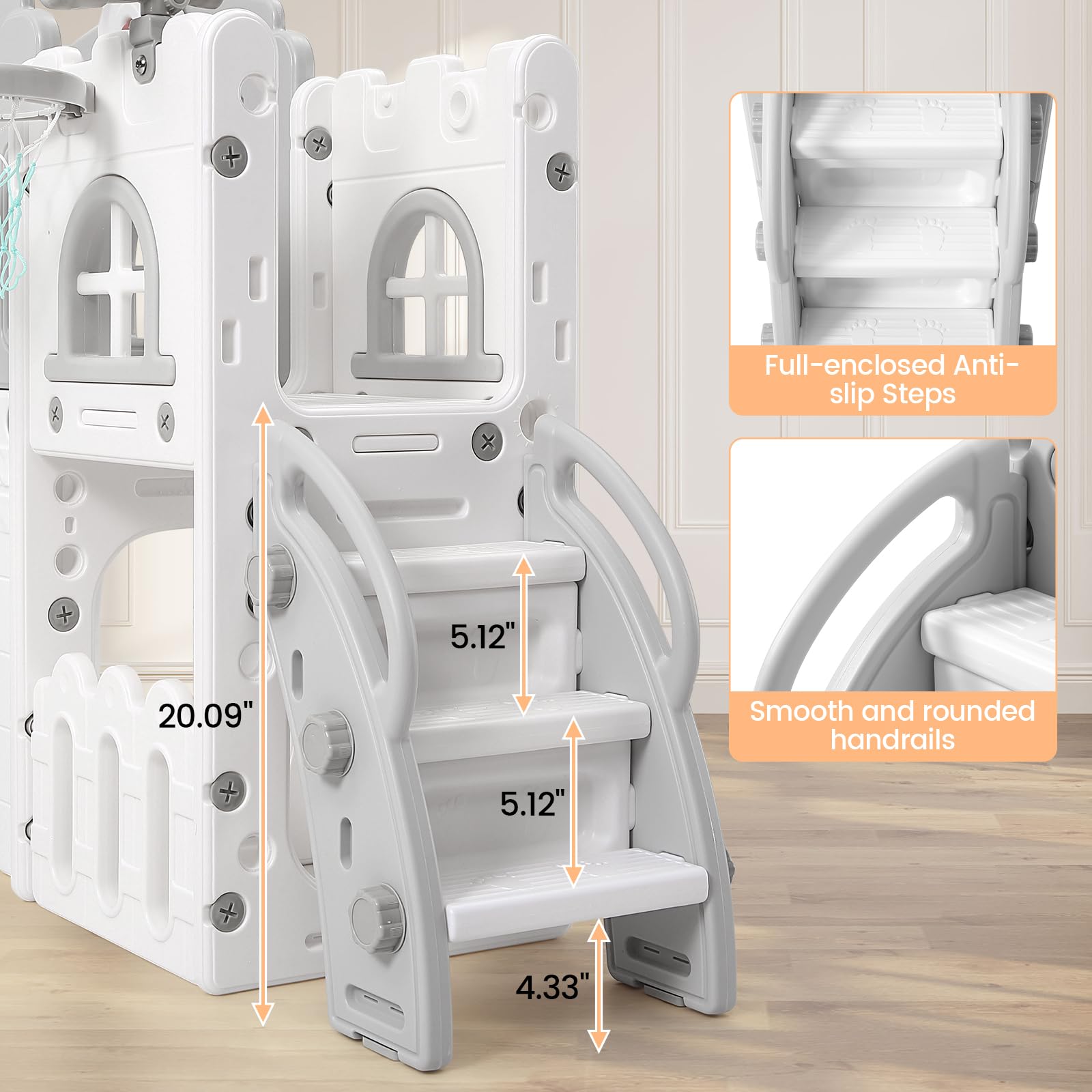 Garvee Juegos Infantiles 8 en 1 de HDPE Ecológico para Niños de 1-3 Años, Tobogán Seguro y Estable con Aro de Baloncesto, Volante y Telescopio, Color Gris y Blanco, Cumple Normas Europeas